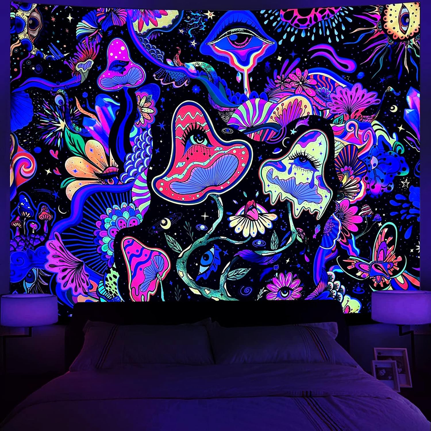 Tapestries - Fungarth Blacklight Mushroom Tapestry Flowers UV Tapestry Colorful Floral Hippie Eyes Aesthetic Tapestries Wall Hanging for Bedroom Living Room Dorm (Pink1, 48” x 36”)