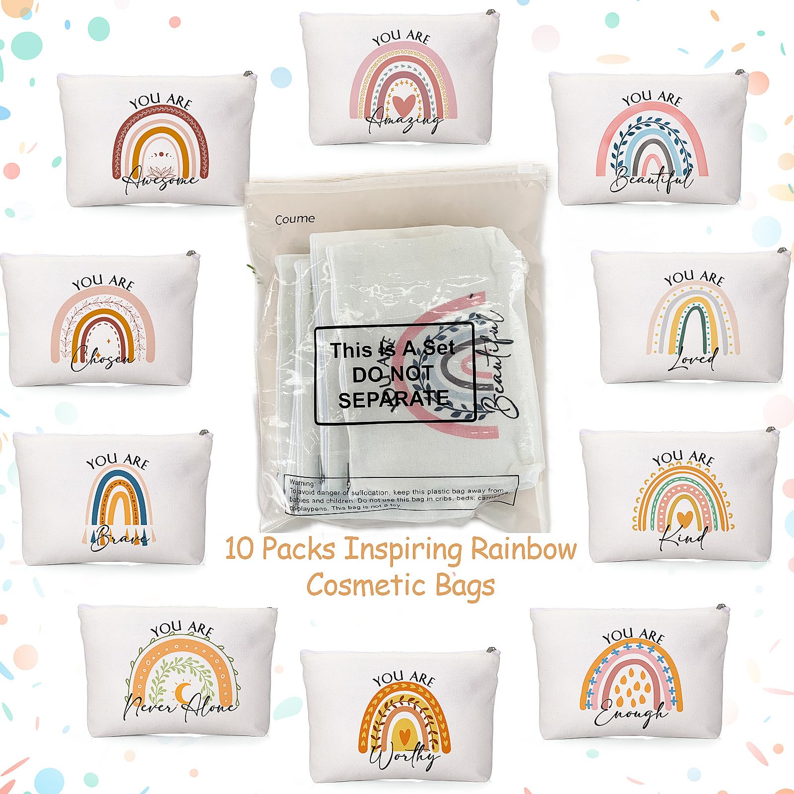 Coume 10 Pcs Rainbow Canvas Makeup Bags Bulk Inspirational Quotes Cosmetic Zipper Personalized Encouragement Travel Pouch Toiletry Bag for Women Girls Teacher Friend Birthday