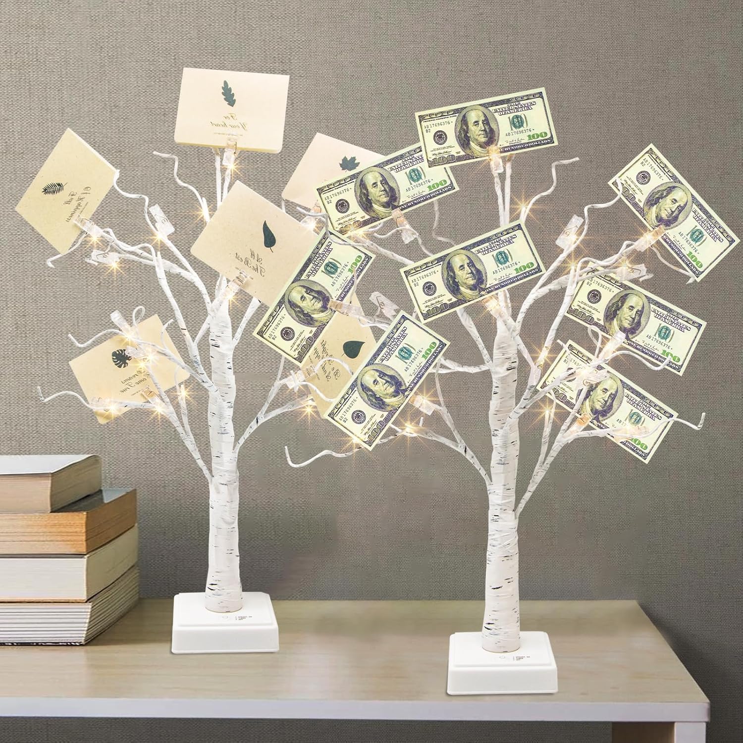 Trees - PEIDUO Set of 2 Money Trees, Lighted 2FT 24LT Gift Card Tree with Clips and Greeting Cards, Money Tree Gift Holder for Birthday, Christmas, Halloween, Wedding, Graduation and Back to School Gifts