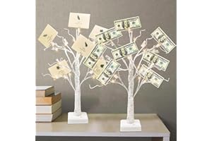 PEIDUO Set of 2 Money Trees, Lighted 22Inch 24LT White Birth Tree with Clips and Greeting Cards, Gift Card Holder for Birthday,Christmas, Wedding, Father's Day Graduation Gifts, Money Tree Gift Holder