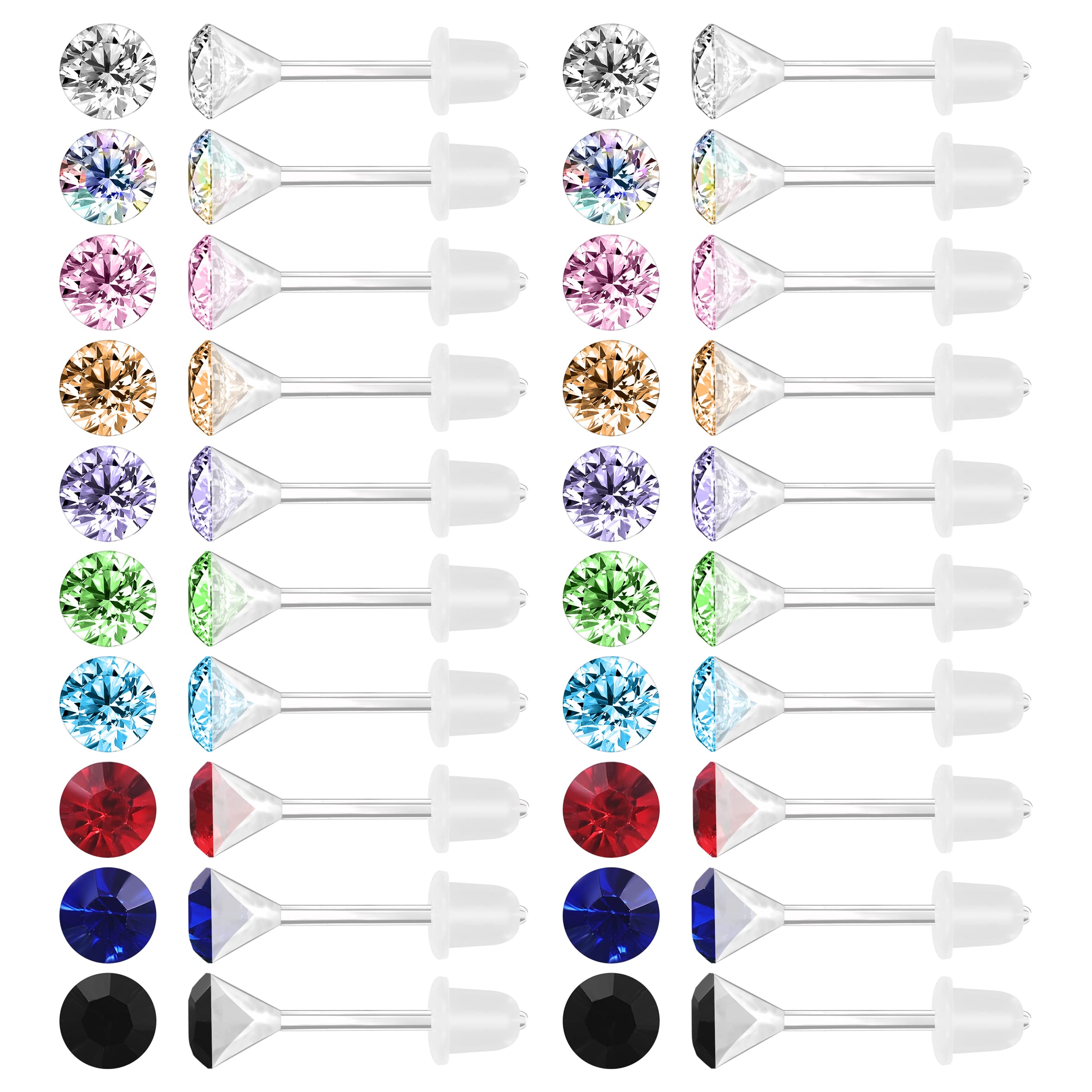 AoedeJ 40 Pcs Colorful Cubic Zirconia Studs With Plastic Post - Hypoallergenic Earrings for Girls Women (3mm)