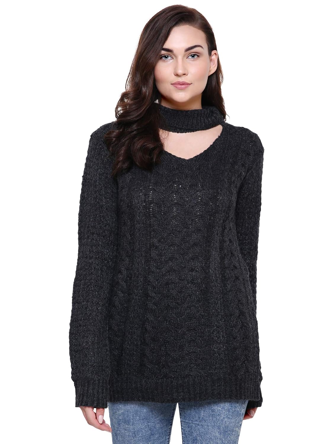 mansicollections dark grey chunky knit choker sweater for women
