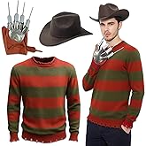 SHUASLE Adult Mens Halloween Costume Scary Killer Knitted Sweater with Brown Hat and Glove Movie Cosplay Outfit Set
