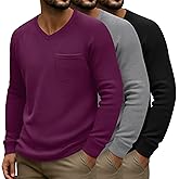 Baggyfly 3 Pack Men's Waffle Shirts Long Sleeve V Neck Raglan Sleeve Knit Tops Casual Thermal Undershirts with Pocket Regular