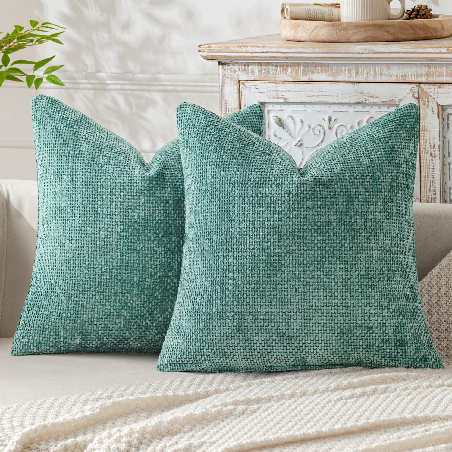 Photo 1 of MIULEE Pack of 2 Couch Throw Pillow Covers 18x18 Inch Aqua Green Modern Boho Accent Decorative Pillow Covers Soft Chenille Farmhouse Cushion Covers for Home Decor Bed Sofa Living Room