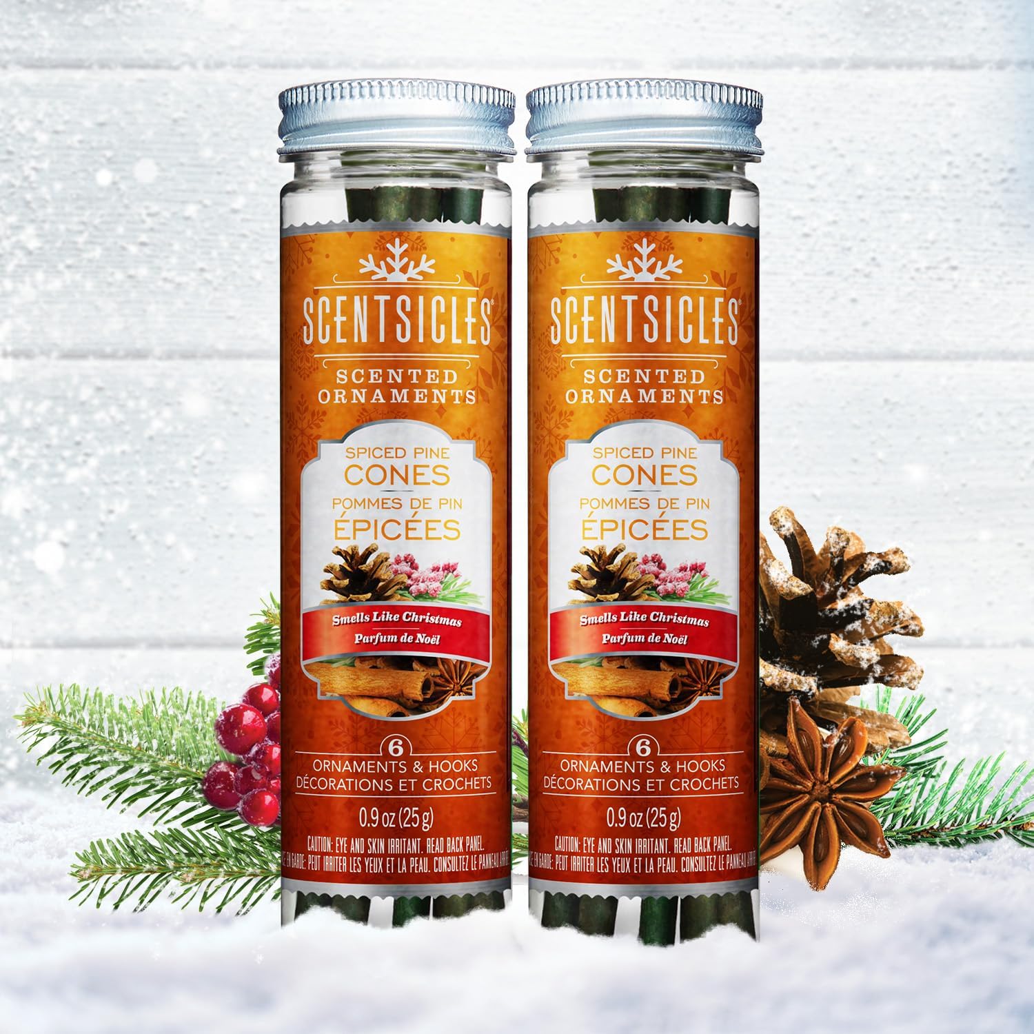 Ornaments - Scentsicles Spiced Pine Scented Ornaments with Hooks - 2 Bottles (12 Sticks Total) for Christmas