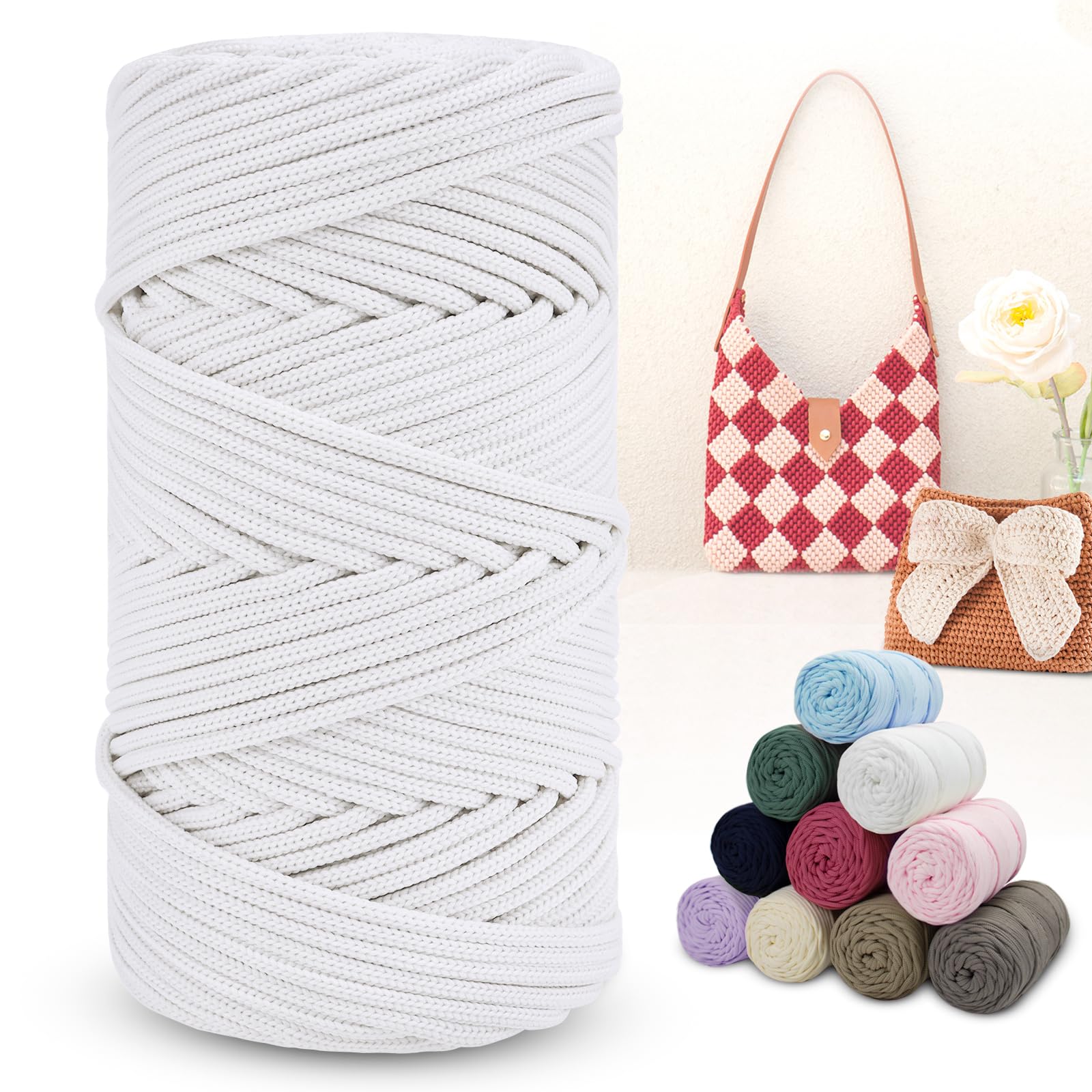 LEREATI Polyester Macrame Cord 4mm x 150m Braided Cord Thick Macrame Rope Yarn Crochet Cord, Polyester Yarn for Crocheting, Bags, Wall Hangers, Rug, DIY Crafts (White)