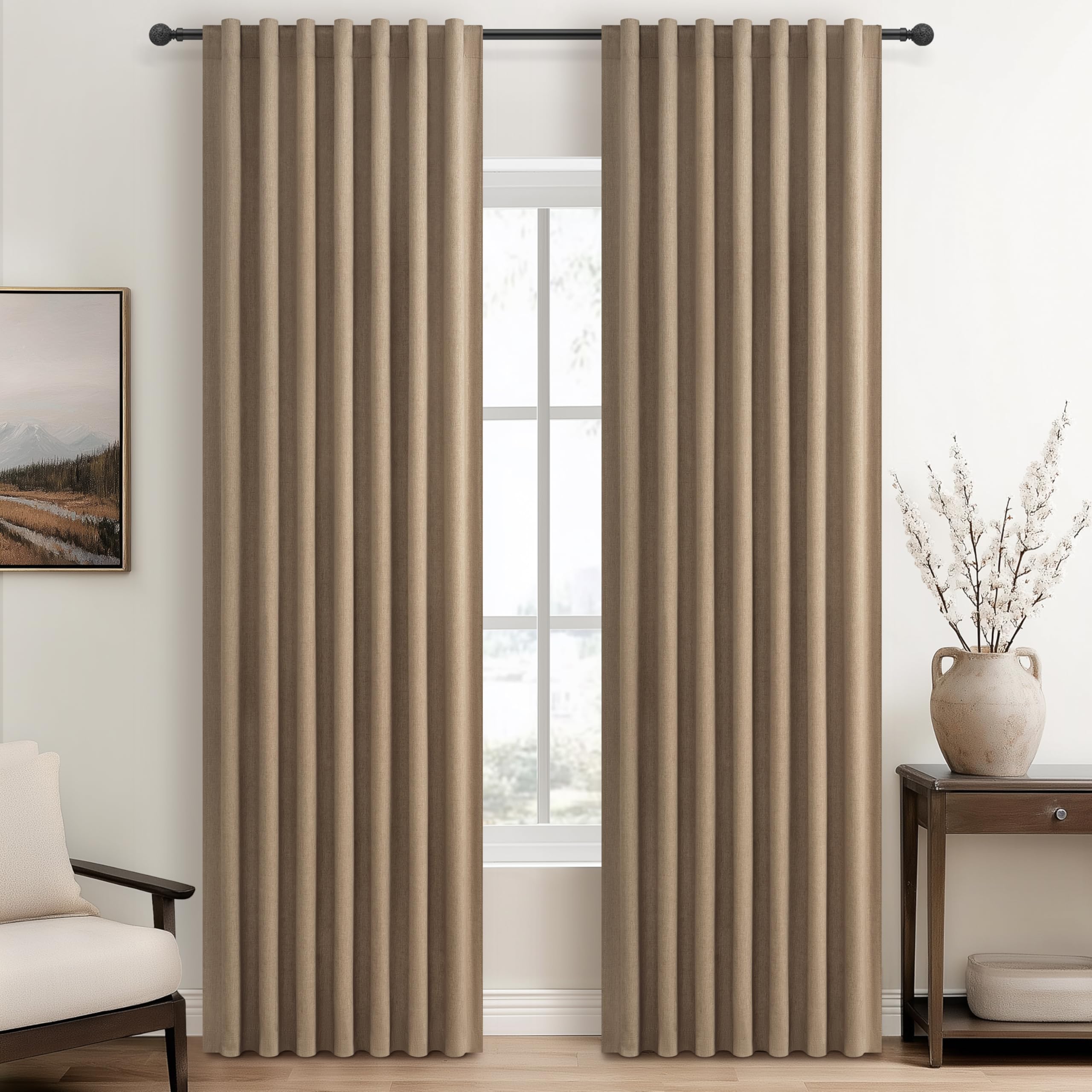 Photo 1 of 100% Blackout Curtains 84 Inch Length 2 Panels Set Farmhouse Style for Bedroom Windows/Living Room Thermal Insulated Neutral Boho Drapes Linen Blend Chocolate RustBrown 7ft Long Hook Belt Pleated