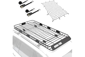 AKHAL-TEKE Roof Rack Basket, Upgraded 84"x 39"x 4" Roof Rack Cargo Carrier with 4' X 6' Super Duty Bungee Cargo Net, 2 pcs Ratchet Strap Fits for SUV Truck Cars