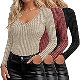 Velvelhall 3 Pack Womens V Neck Sweaters Long Sleeve Ribbed Fitted Shirts Pullover Lightweight Sweater Thermal Fall Layer Top