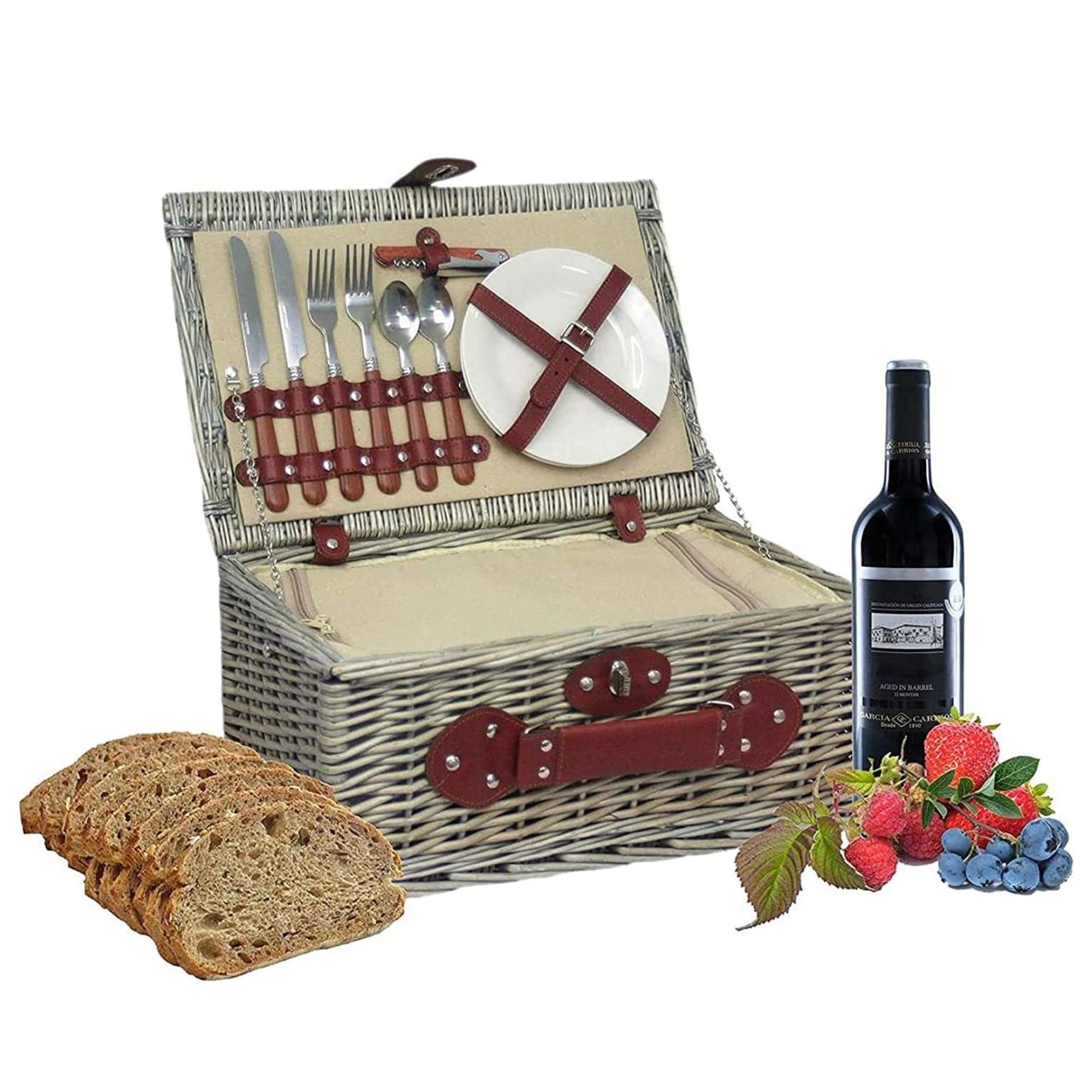 Wrenbury 16.5” Deluxe Fitted Picnic Basket for 2 People with Chiller Compartment | 2 Person Picnic Hamper, Picnic Set for 2 | Traditional Picnic Hamper Basket & Accessories