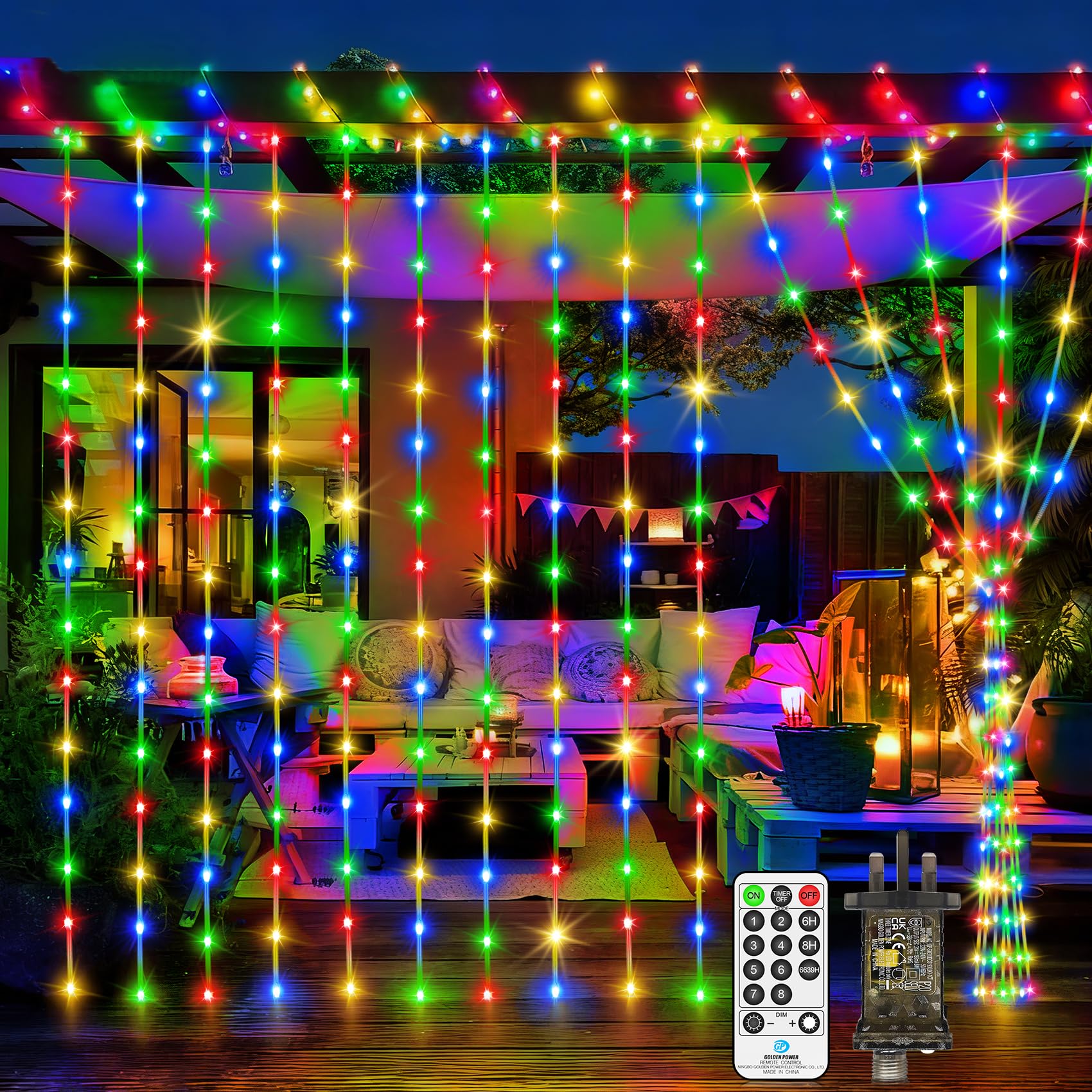 300 LED Christmas Curtain Lights Indoor Outdoor, 3m x 3m Fairy Lights Plug In IP65 Connectable Waterfall String Lights with Remote 8 Modes Timer for Room Garden Party Wedding Decorations-Multicolour