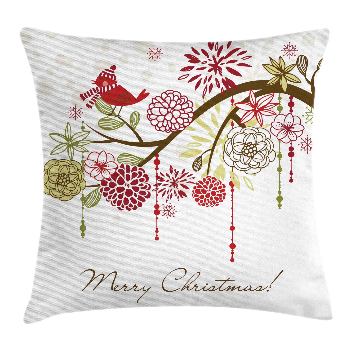 ABAKUHAUS Christmas Throw Pillow Cushion Cover, Floral Winter Red Bird Hat and Scarf on Blooming Tree Nature Inspired, Decorative Square Accent Pillow Case, 40 x 40 cm, Green White