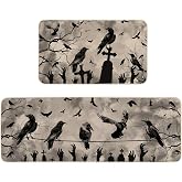 Moutina Gothic Crows Halloween Kitchen Rugs Set of 2, 17x29 and 17x47 Inch | Halloween Holiday Party Home Decor Low-Profile Kitchen Mats for Floor
