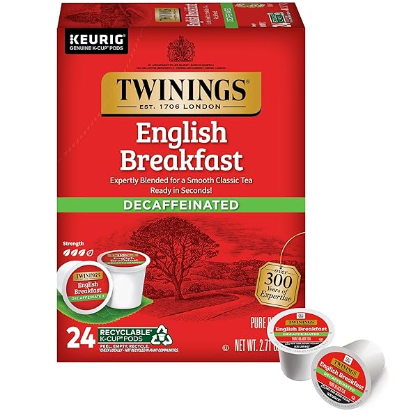 TWININGS DECAFFEINATED ENGLISH BREAKFAST BLACK TEA K-CUP PODS FOR KEURIG, 24 COUNT (PACK OF 1), SMOOTH, FLAVOURFUL, ROBUST, ENJOY HOT OR ICED