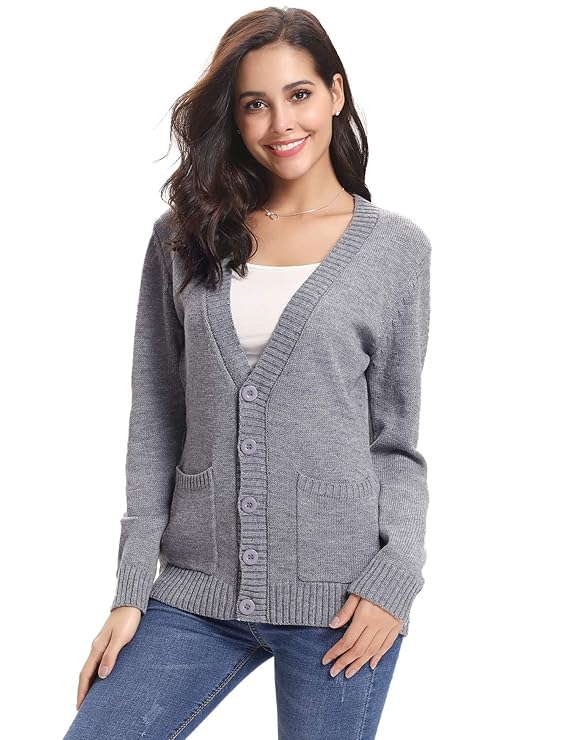 Abollria Damen Lange Strickjacke V Ausschnitt Strickweste mit Tasche Casual Grobstrick Cardigan mit Knopfleiste Herbst Winter