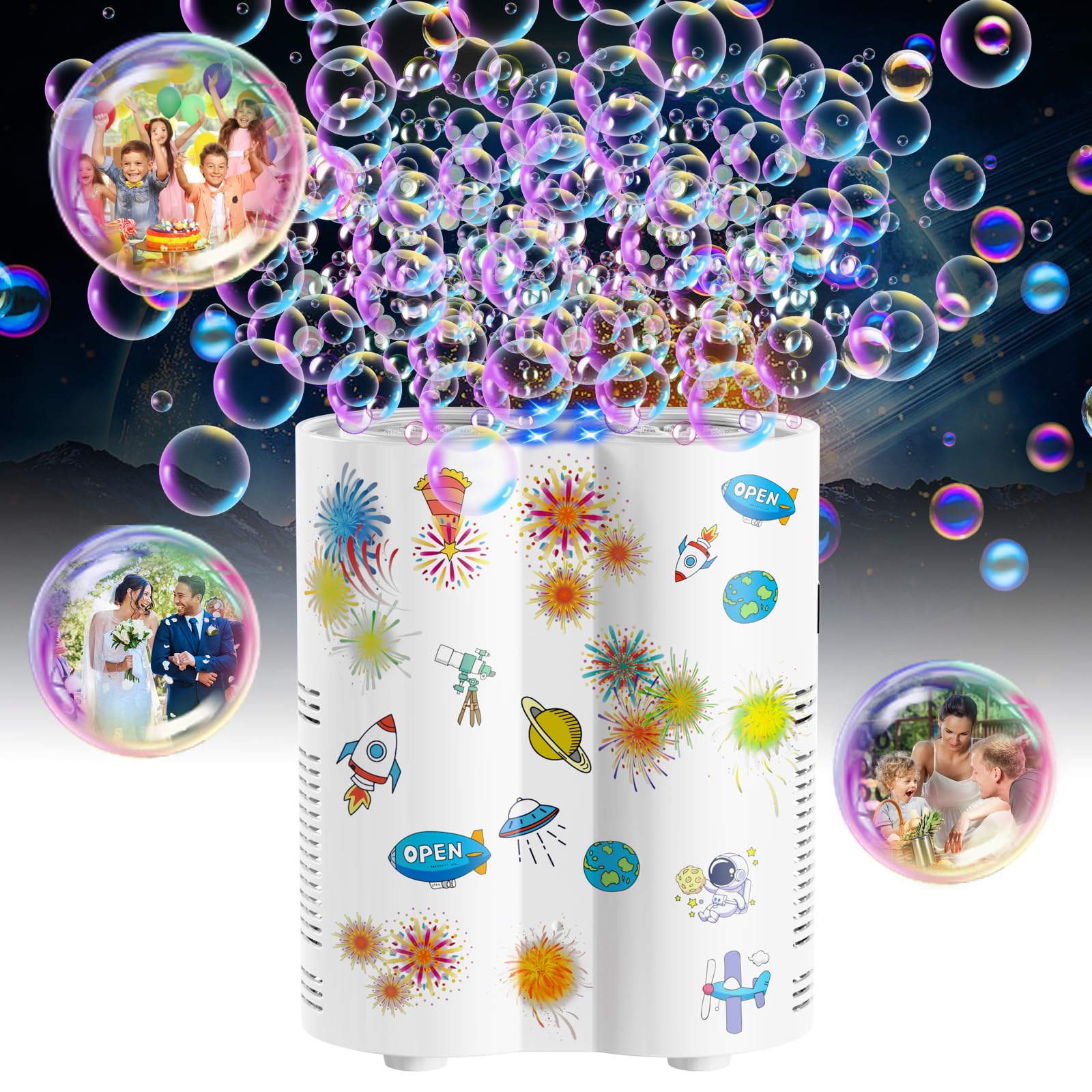 Babuloo Fireworks Bubble Machine, Automatic Bubble Making Machine for Kids 20000+ Bubbles/Min, 26 Holes Bubble Blower with Lights/240ml Solution,DIY Sticker Space Bubble Toys for Outdoor Party Wedding