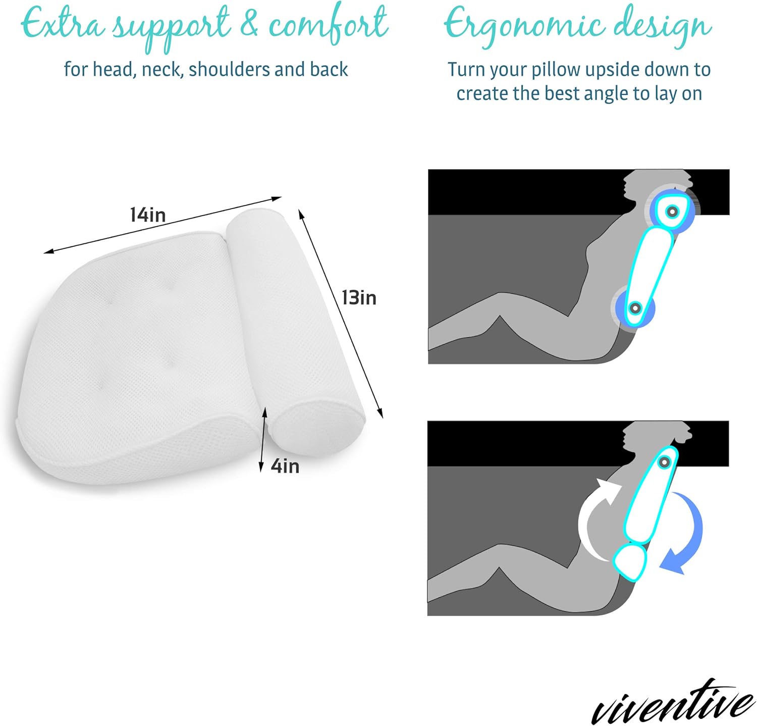 Viventive Luxurious Bath Pillow Non-Slip and Extra Thick with Head, Neck, Shoulder and Back Support. Soft and Large 14x13x4 Inches for The Ultimate Bathtub Relaxation Experience. Fits Any Tub: Home & Kitchen
