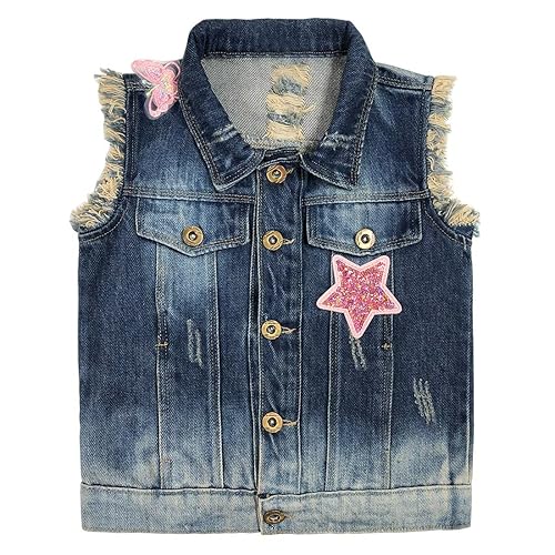 Yao 4-10Y Toddler Girls Denim Sequin Vest Distressed Jean Jacket