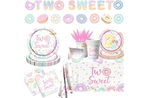 HAKOTI Two Sweet Donut 2nd Birthday Party Supplies - 142Pcs Pink Donut Tableware Set with Banner, Tablecloth, Plates, Napkins