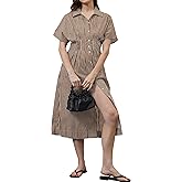 MISSACTIVER Button Front Pleated Shirt Dress for Women Summer Striped Short Sleeve Lapel V Neck Corset Maxi Dress