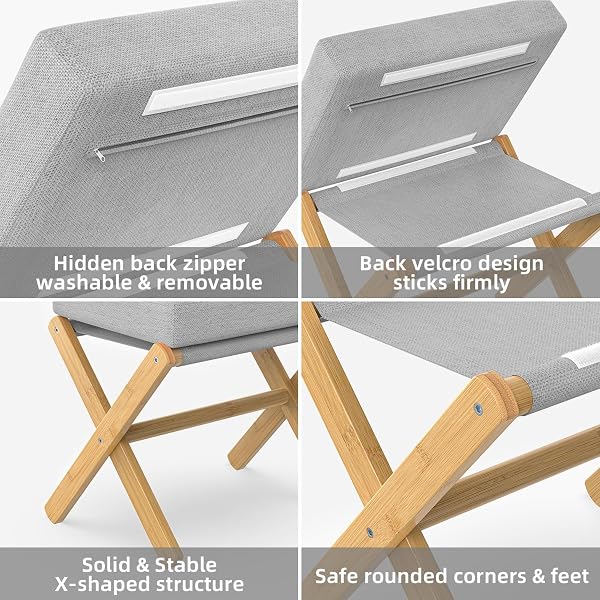 BAMBOOHOMIE FOLDABLE FOOT STOOL OTTOMAN, MODERN FOOT REST WITH BAMBOO X LEGS & THICK FOAM CUSHION, FOLDING FOOT STOOLS SMALL PADDED FOR BEDROOM LIVING ROOM, FOOTSTOOL FOR CHAIR COUCH (NATURAL – GREY)