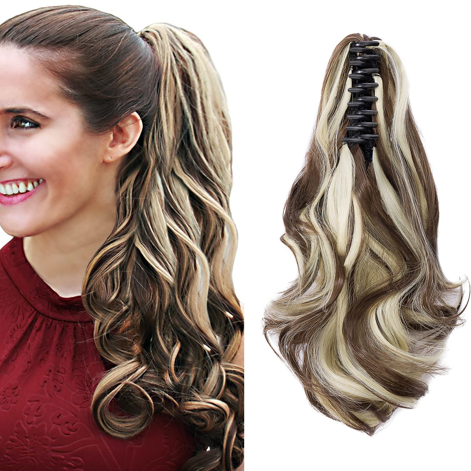 Cybelleza 12 inch Ponytail Hair Extension Curly Wavy Claw Jaw on Long Short Cute Pony Tails Clip in Hair Extensions Hairpieces Synthetic for Women (Chestnut Brown&Bleach Blonde)