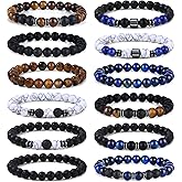 Giovanchi 4-12PCS Bracelets for Men, 8MM Mens Bracelets Lava Rock Black Obsidian Howlite Tiger Eye Beaded Natural Stone Bracelet Jewelry Gifts for Birthday Christmas