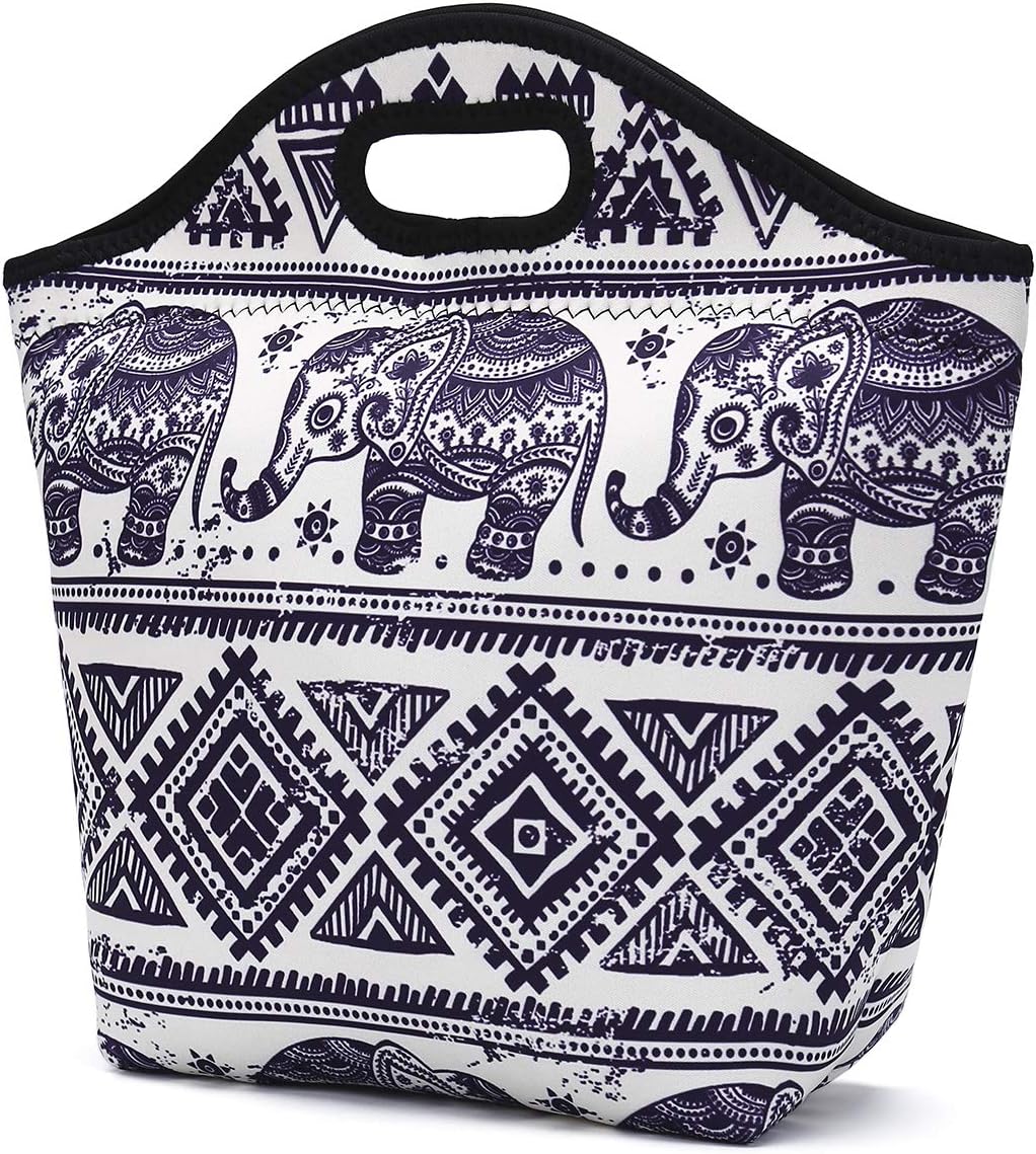 X-Large Neoprene Lunch Bag For Women, Men, Fashionable Adult Lunch Box Thick Water Resistant Insulated Lunch Bag Tote Handbag Lunchbox For Work Office Outdoor Picnic Shopping (Elephant)
