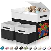 Fiwochic 3 Pack Large Toy Box Storage Organizer Set, Black White | 23 Inch Fabric Toy Chest with 2 Cube Bins, Collapsible Organizer for Playroom Classroom Nursery, Stores Clothes Books Toys