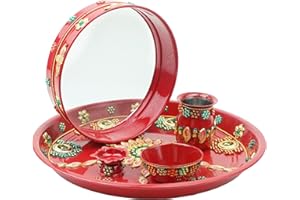 ADITRI CREATION Karwachauth Pooja Thali Puja Plate Decorative Steel Puja Thali with Kalash & Channi Chalani Essential Pooja Articles Ritual Wedding Indian Traditional Navratri Festival Decorations (Thali Size-11")