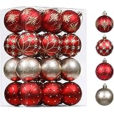 Valery Madelyn Ornaments for Christmas Trees, 24ct Red and Gold Shatterproof Christmas Tree Decorations, 2.36 Inches Luxury Hanging Ball Ornaments Bulk for Xmas Holiday Decor