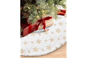COOLWUFAN 48 Inches Faux Fur Christmas Tree Skirt for Xmas Tree Holiday Party Decoration White Plush Gold Sequin Snowflake (Gold)