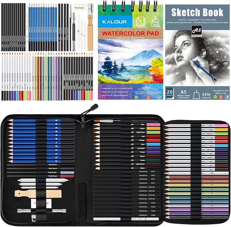 KALOUR 76pcs Art Set Sketching Drawing Kit with Tutorial Book and Sketchbook