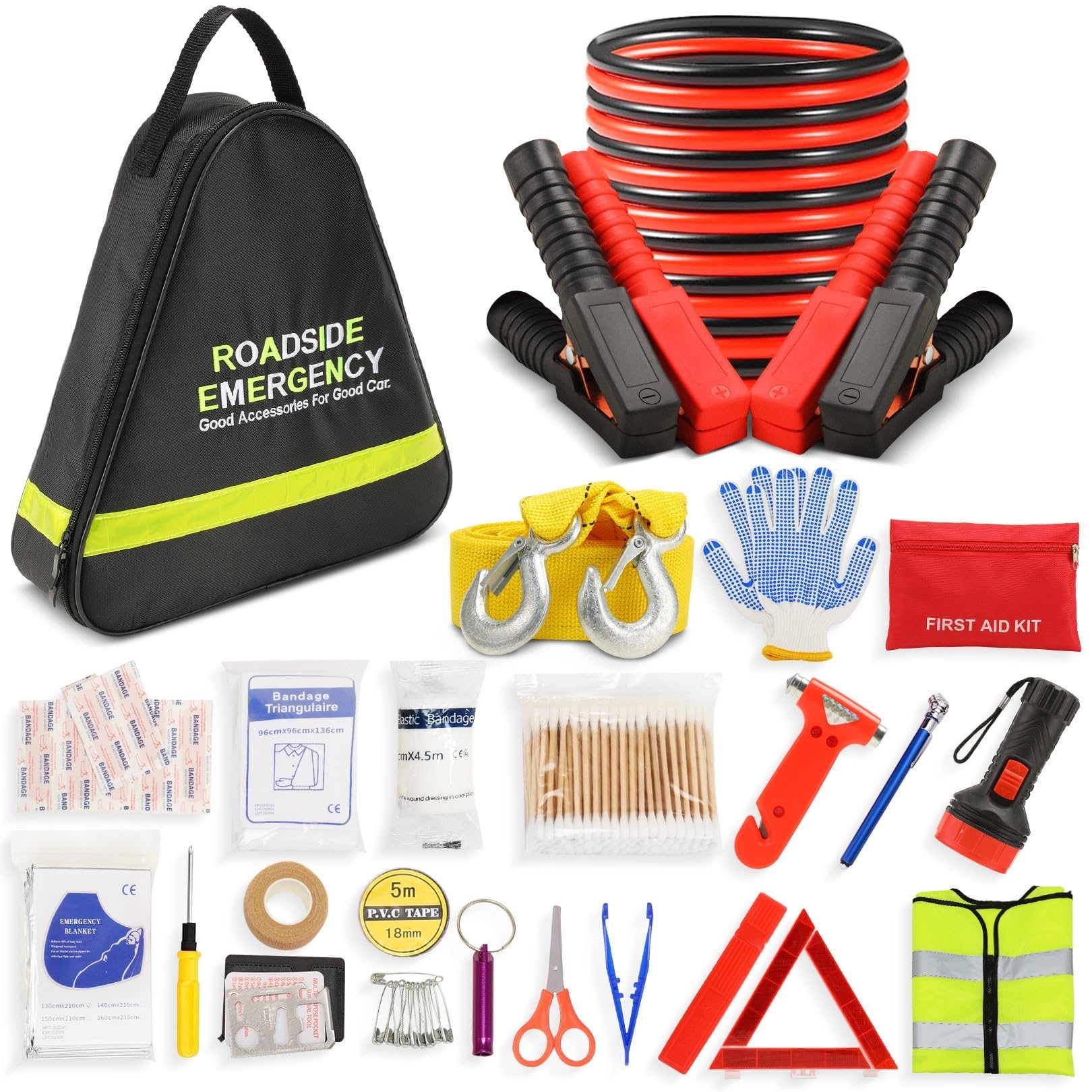 Emergency Breakdown Kit, 76 in 1 Multifunctional Roadside Assistance Car Breakdown Kit with Jumper Cables, Tow Rope, Triangle, Flashlight, Safety Hammer, etc