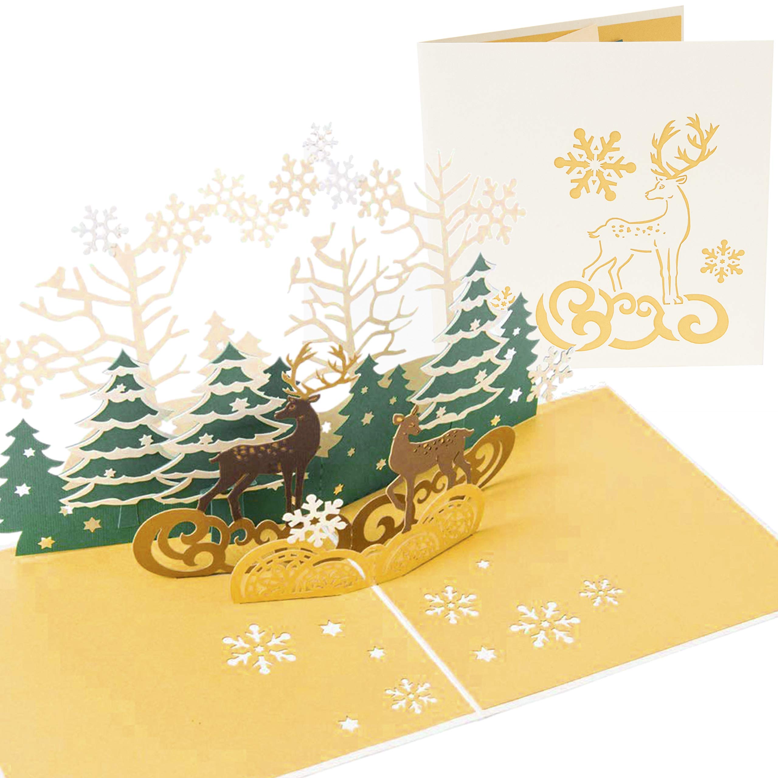 PopLife® Reindeer in the Forest Pop Up Christmas Card - Handmade 3D Holiday Greeting, Thanksgiving, Blank Note, Small Stocking Present for Friends and Family, Naughty or Nice — image 1