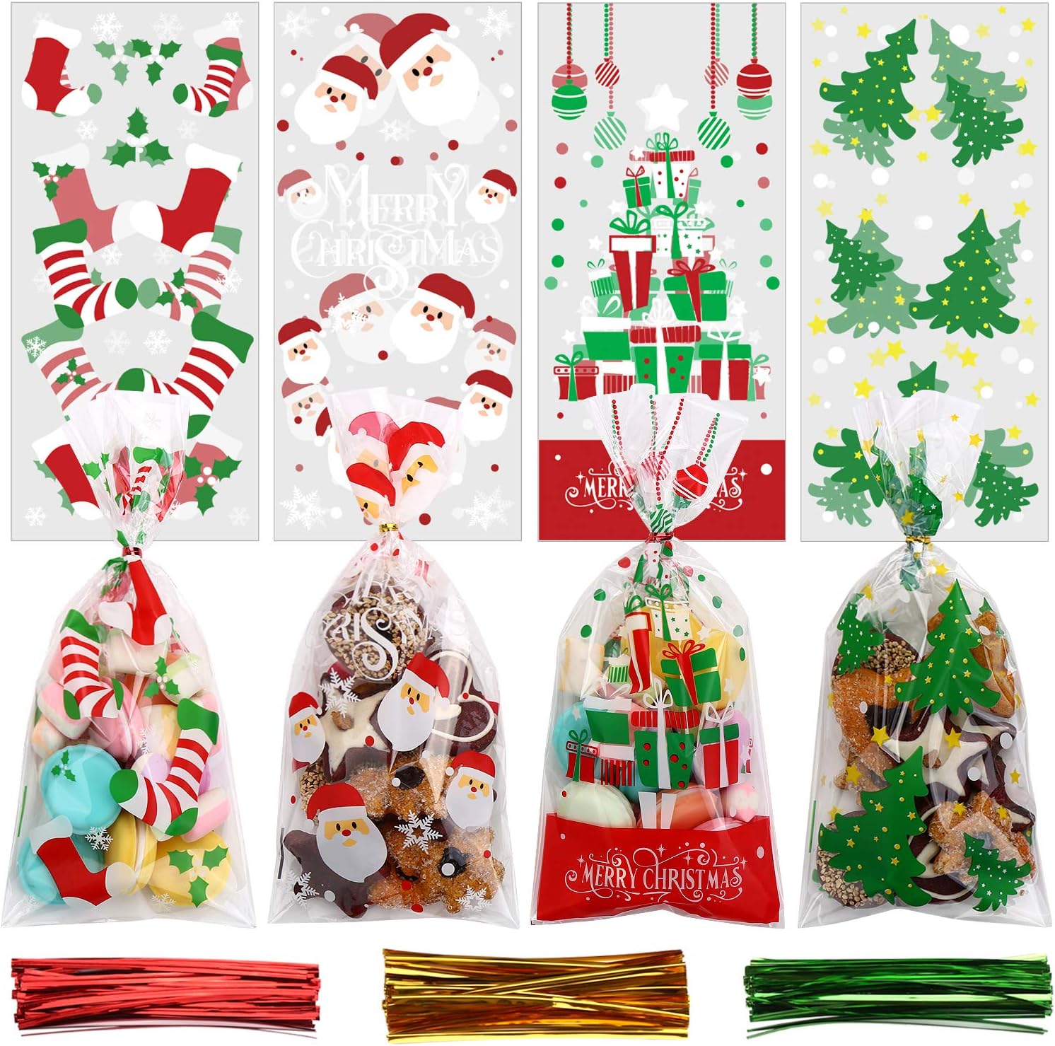 VEYLIN 120 Pieces Christmas Cellophane Bags Candy Bags with 150 Twist