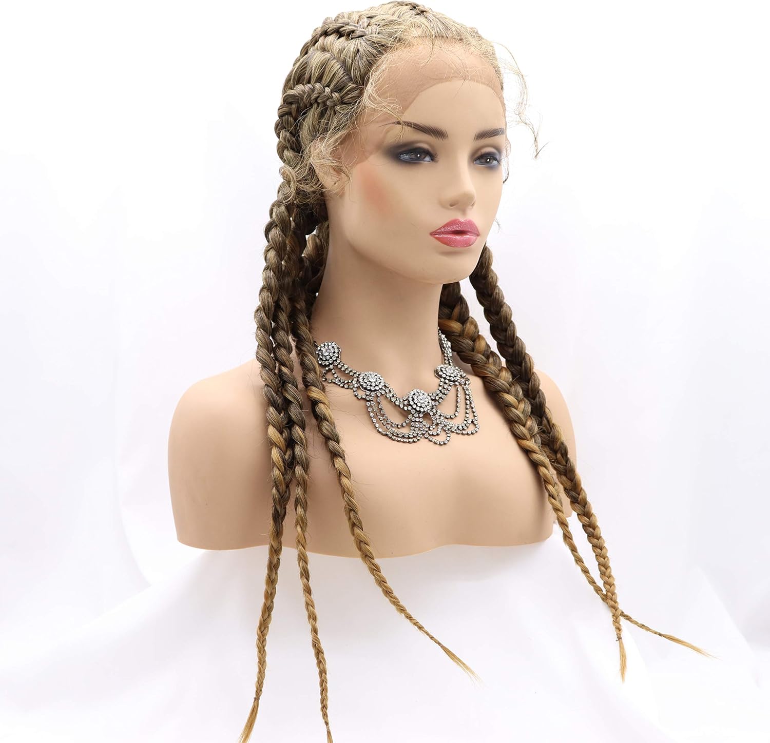 xiweiya Long Mixed Blonde Brown Braided Wig 5xTwist Box Braids Hairstyles Cornrow Braid Wig with Baby Hairs Afro Braids Crochet Braids Xpression Braiding Hair For Women 32inch - Image 4