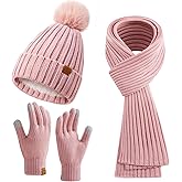 Coolprince Womens Long Scarf Gloves and Hat Set Cold Weather Hat Scarf Glove Set for Women Winter Beanie Hats with Pom Pom