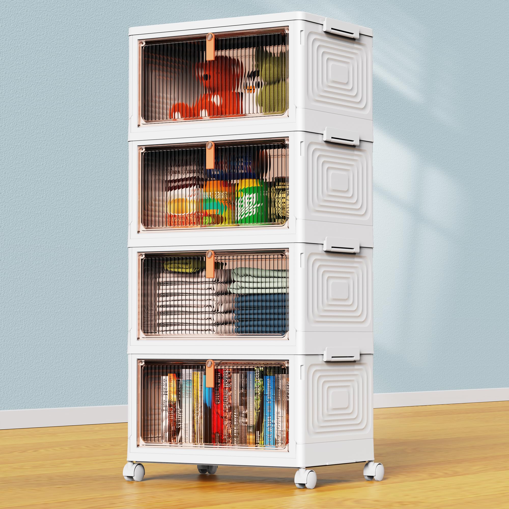 Photo 1 of YFXCVSL 4 Tier Plastic Storage Bins with Lid 24QT, Stackable Storage Containers with Wheels, Folding Storage Boxes, Collapsible Storage Bins, Closet Organizers and Storage for Living Room,Office,Dorm