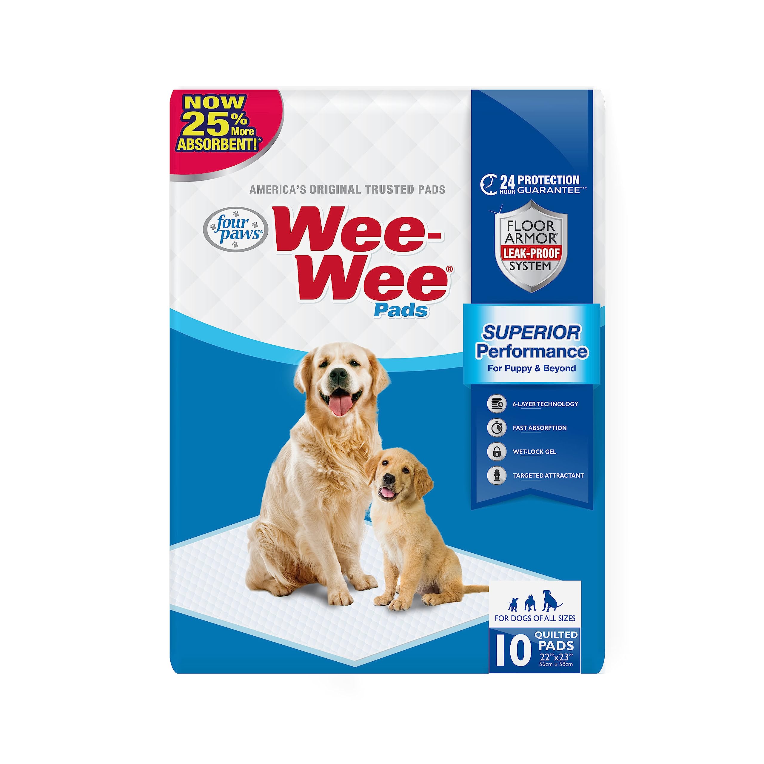 Four Paws Wee-Wee Superior Performance Unscented Pee Pads for Dogs & Puppies, Quilted Leak-Proof Dog Housebreaking Potty Training Floor Protection, 22" x 23", 10 Count
