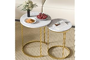 Cavoba Nesting Round Coffee Table Set of 2, Stacking Side Tables Marble Pattern Wooden Tabletop with Golden Metal Frame for Small Spaces, End Tables Set of 2 19.7"