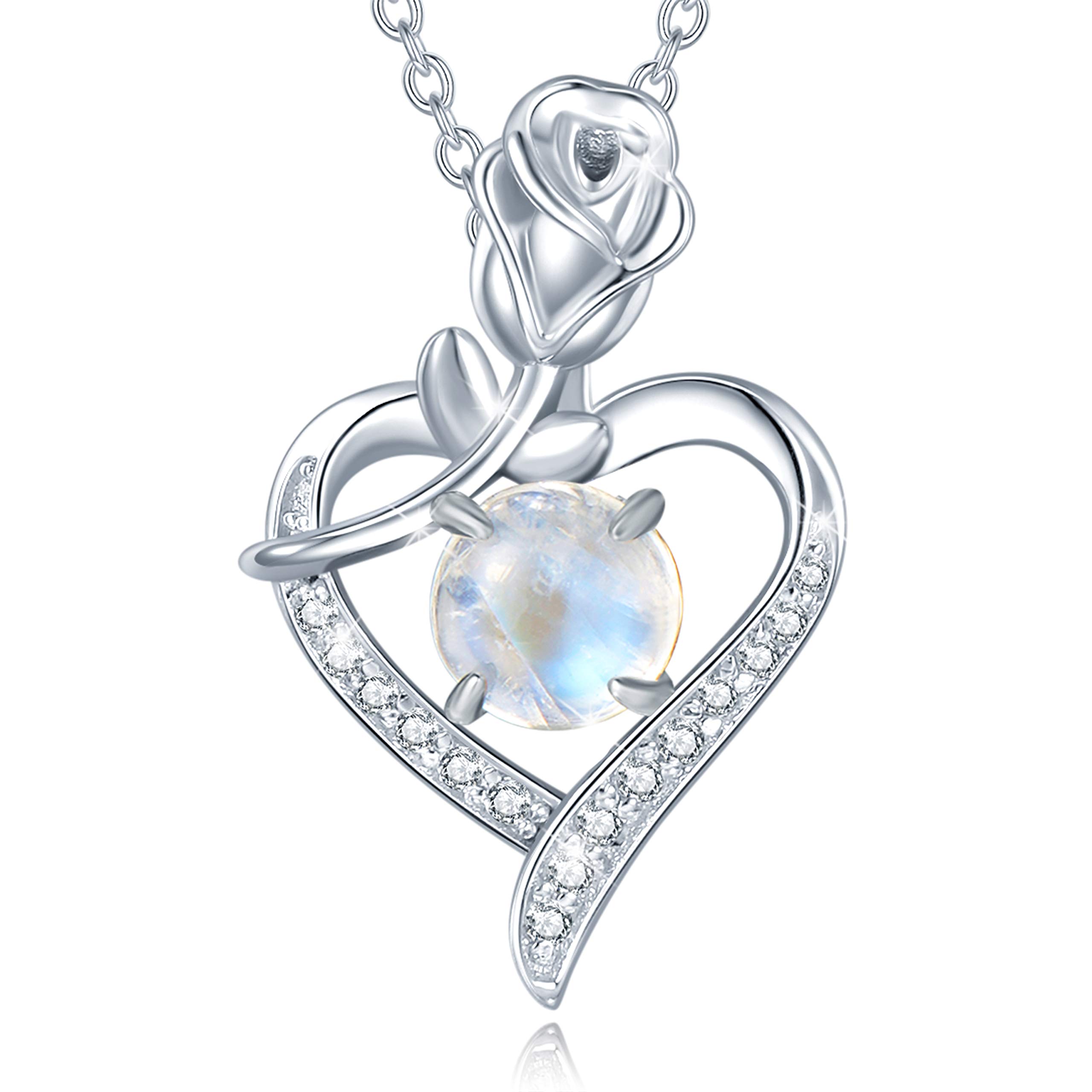 FANCIME 925 Sterling Silver June Birthstone Necklace Rose Heart Pendant Natural Moonstone Necklace with Fine Jewellery Box Christmas Birthday Valentine's Day Mother's Day Present for Women Mother