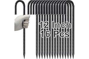 VVOKGO Rebar Stakes 12 Inches J Hook Heavy Duty Chain Link Fence Stakes, 16 Pcs Metal Long Tent Spikes Ground Anchors for Wire Fencing, Dogs Digging, Camping Tents, Swings, Greenhouse, Black