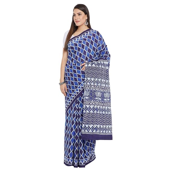 Finest Quality Cotton Handprinted Saree with Blouse Piece-Navy Blue RDSWSA0084 Traditional