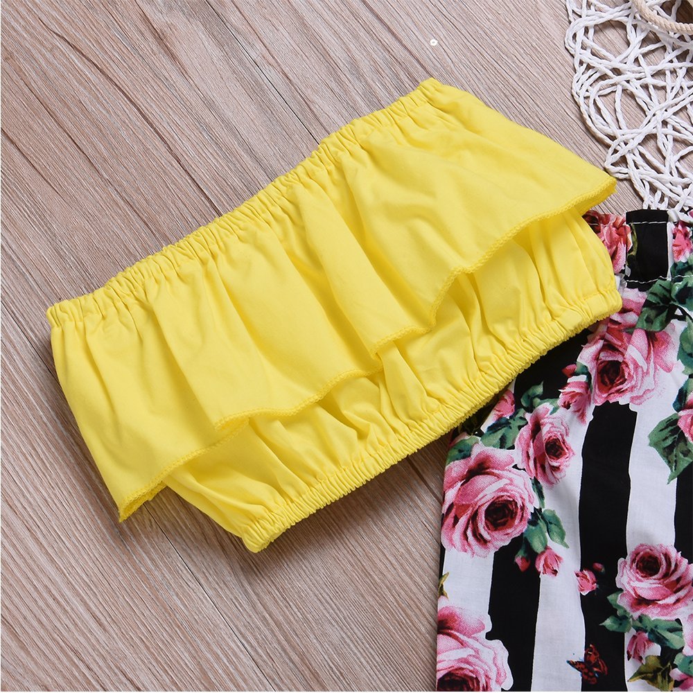 2Pcs Baby Girls Off-Shoulder Crop Tops+ Long Floral Striped Flare Pants Infant Summer Outfits Clothes Set(3-4T)