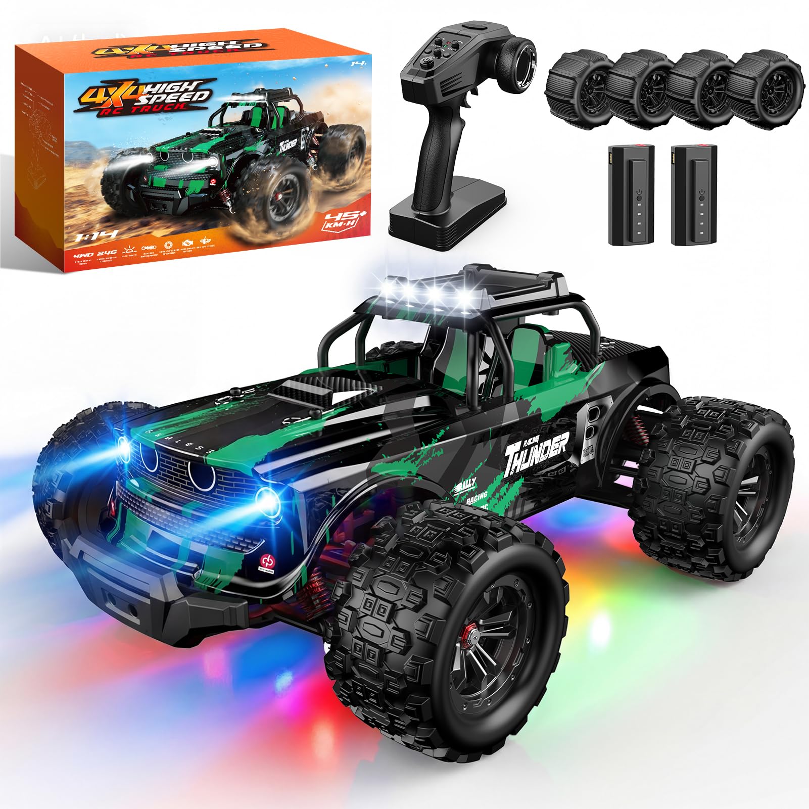1:14 RC Car 4WD High Speed 45KM/H 28+ MPH Off Road RC Monster Truck, LED All Terrain Remote Control Car for Adults Boys, 2 Batteries 60 Min Play & Extra Replaceable Tires, Outdoor Garden Stunt Cars