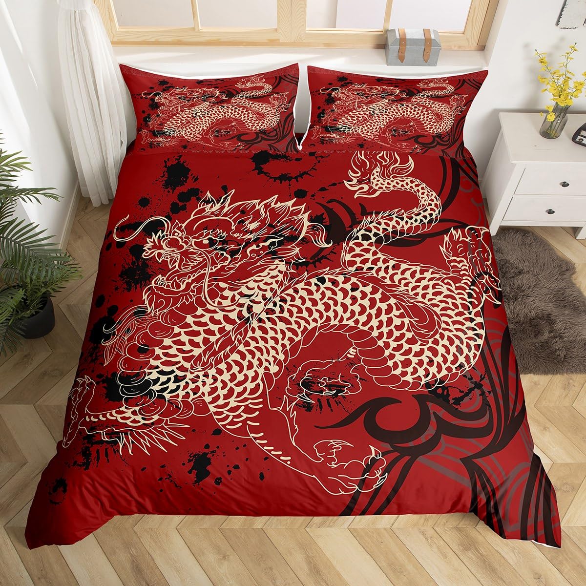 Homemissing Dragon Duvet Cover Boys Girls Traditional Element Bedding Set For Kids Chinese Dragon Comforter Cover Set Red Black Bedspread Cover Decor Bedclothes Zipper Double