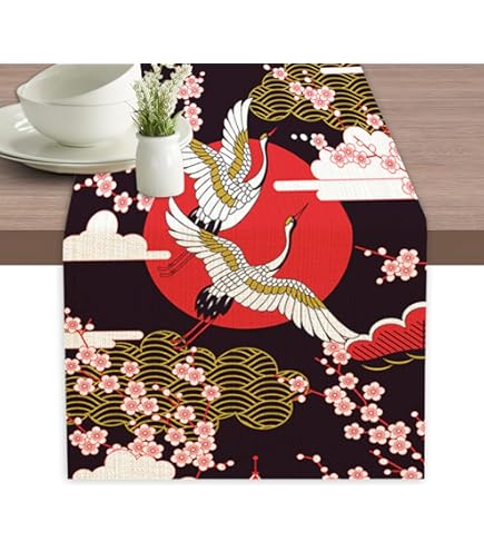 Japanese Table Runner - Vintage Cherry Blossom Ink Painting Design, 13 X 108 Inch Polyester Runner