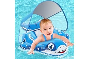 HINZER Baby Swimming Pool Floats with Canopy Inflatable Infant Pool Float UPF 50+UV Sun Protection and Anti-flip Tail for 3-36 Months Kids Swim Ring Water Toys Summer Pool Toys for Boys Girls